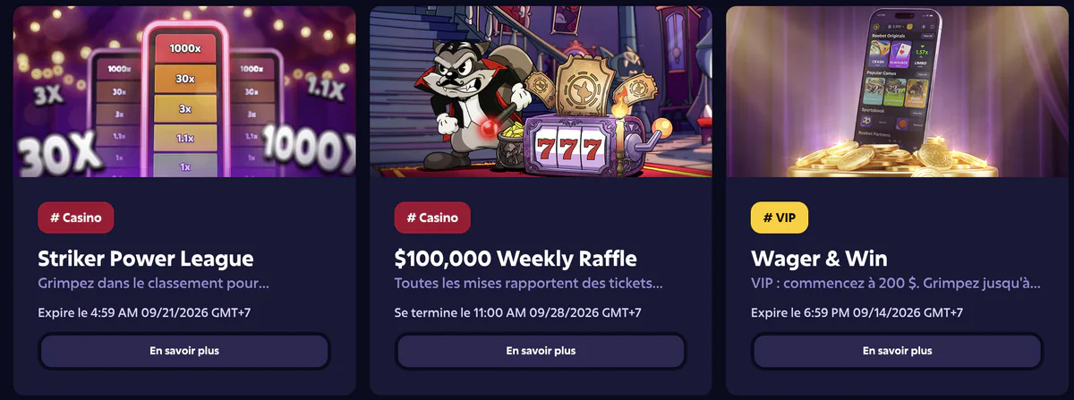 Promotions Roobet : Striker Power League, Weekly Raffle et Wager & Win
